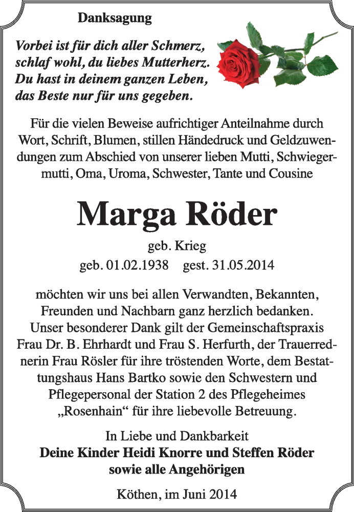  Traueranzeige für Marga Röder vom 22.06.2014 aus Super Sonntag Dessau / Köthen