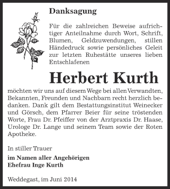 Traueranzeige von Herbert Kurth von Super Sonntag Bernburg