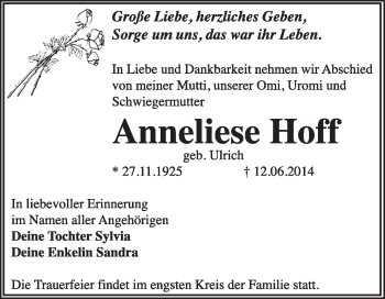 Traueranzeige von Anneliese Hoff von Super Sonntag Dessau / Köthen