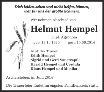 Traueranzeige von Helmut Hempel von Super Sonntag Aschersleben