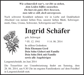 Traueranzeige von Ingrid Schäfer von WVG - Wochenspiegel Merseburg
