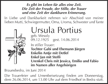 Traueranzeige von Ursula Portius von WVG - Wochenspiegel Merseburg