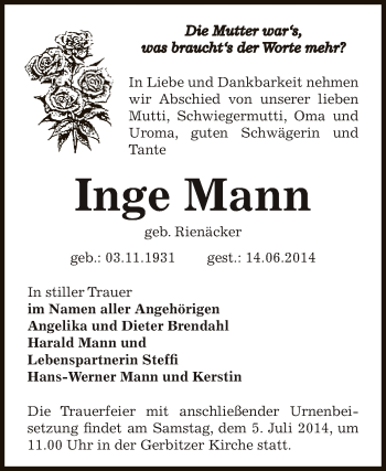 Traueranzeige von Inge Mann von Super Sonntag Bernburg