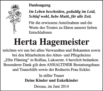 Traueranzeige von Herta Hagemeister von Super Sonntag Dessau / Köthen