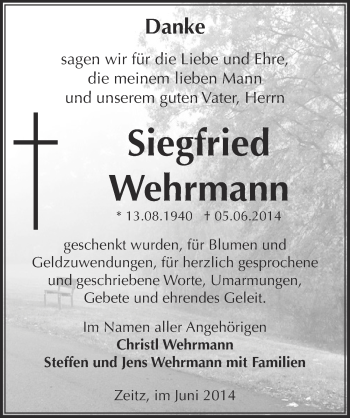 Traueranzeige von Siegfried Wehrmann von Super Sonntag Zeitz