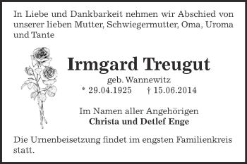 Traueranzeige von Irmgard Treugut von Super Sonntag Bernburg