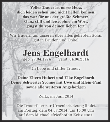 Traueranzeige von Jens Engelhardt von Super Sonntag Zeitz