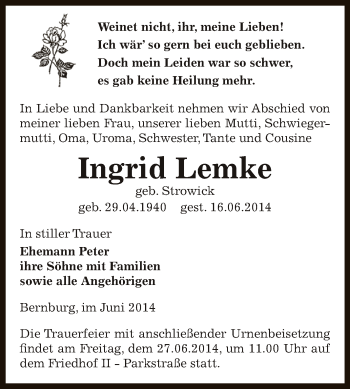 Traueranzeige von Ingrid Lemke von Super Sonntag Bernburg