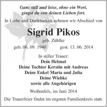 Traueranzeige von Sigrid Pikos von WVG - Wochenspiegel NMB / WSF / ZTZ