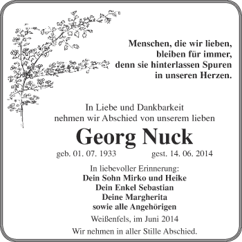 Traueranzeige von Georg Nuck von WVG - Wochenspiegel NMB / WSF / ZTZ