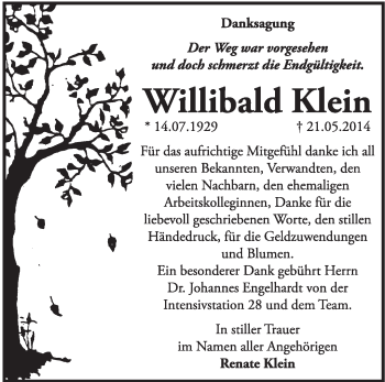 Traueranzeige von Willibald Klein von Super Sonntag Dessau / Köthen