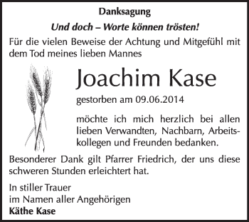 Traueranzeige von Joachim Kase von WVG - Wochenspiegel Wittenberg