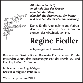 Traueranzeige von Regine Fiedler von WVG - Wochenspiegel Wittenberg