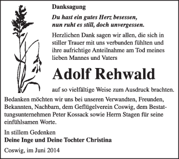 Traueranzeige von Adolf Rehwald von Super Sonntag Wittenberg