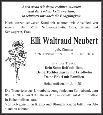 Traueranzeige von Elli Waltraud Neubert von WVG - Wochenspiegel NMB / WSF / ZTZ