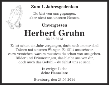Traueranzeige von Herbert Gruhn von Super Sonntag Bernburg