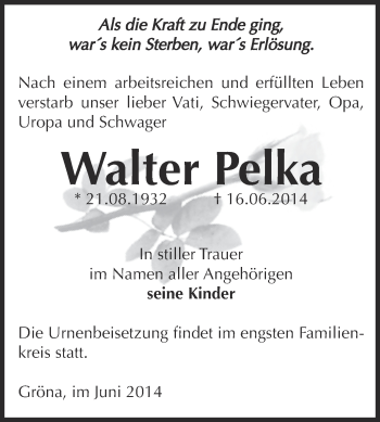 Traueranzeige von Walter Pelka von Super Sonntag Bernburg