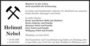 Traueranzeige von Helmut Nebel von WVG - Wochenspiegel Aschersleben