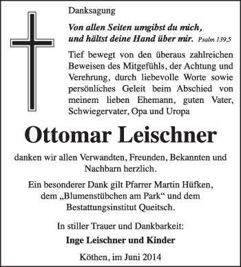Traueranzeige von Ottomar Leischner von Super Sonntag Dessau / Köthen