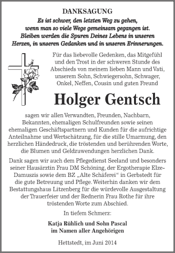 Traueranzeige von Holger Gentsch von Wochenspiegel Mansfelder Land