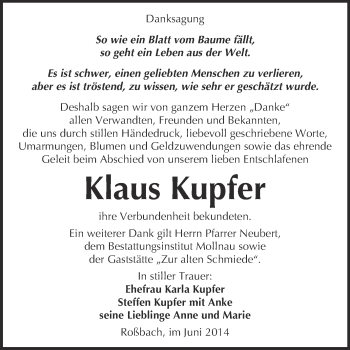 Traueranzeige von Klaus Kupfer von WVG - Wochenspiegel Merseburg