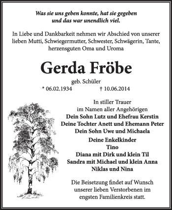 Traueranzeige von Gerda Fröbe von Super Sonntag Wittenberg