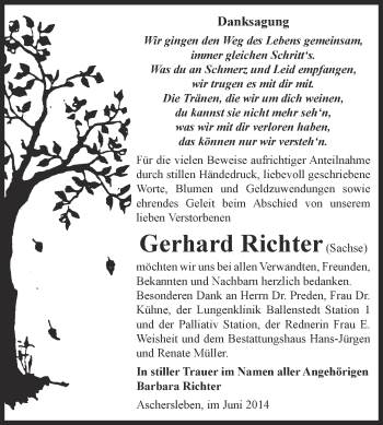 Traueranzeige von Gerhard Richter von Super Sonntag Aschersleben