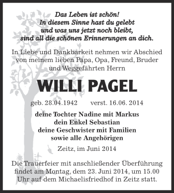 Traueranzeige von Willi Pagel von Super Sonntag Zeitz