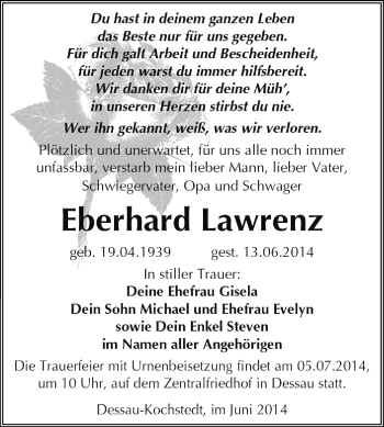 Traueranzeige von Eberhard Lawrenz von Super Sonntag Dessau / Köthen