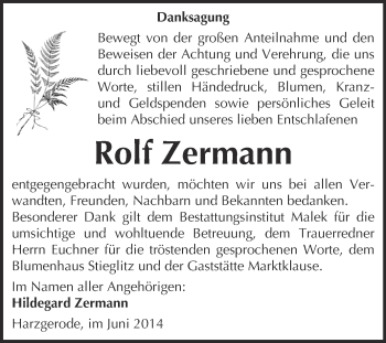 Traueranzeige von Rolf Zermann von WVG - Wochenspiegel Quedlinburg