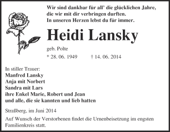 Traueranzeige von Heidi Lansky von WVG - Wochenspiegel Quedlinburg