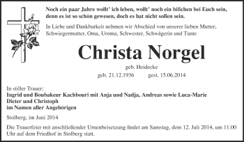 Traueranzeige von Christa Norgel von WVG - Wochenspiegel Quedlinburg