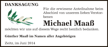 Traueranzeige von Michael Maaß von Super Sonntag Zeitz