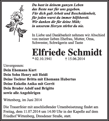 Traueranzeige von Elfriede Schmidt von WVG - Wochenspiegel Wittenberg