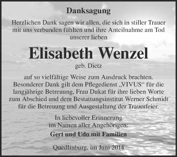 Traueranzeige von Elisabeth Wenzel von WVG - Wochenspiegel Quedlinburg