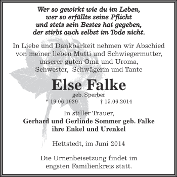 Traueranzeige von Else Falke von Super Sonntag SGH Mansf. Land