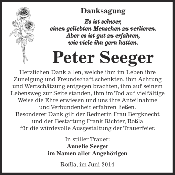 Traueranzeige von Peter Seeger von Super Sonntag SGH Mansf. Land