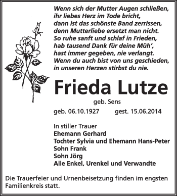 Traueranzeige von Frieda Lutze von Super Sonntag Dessau / Köthen