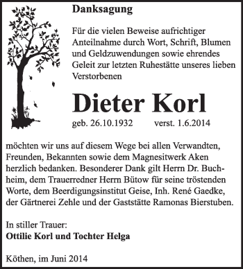 Traueranzeige von Dieter Korl von Super Sonntag Dessau / Köthen