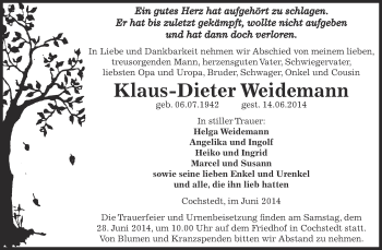 Traueranzeige von Klaus-Dieter Weidemann von Super Sonntag Aschersleben