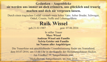 Traueranzeige von Raik Wissel von Super Sonntag SGH Mansf. Land