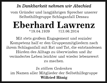 Traueranzeige von Eberhard Lawrenz von WVG - Wochenspiegel Dessau / Köthen