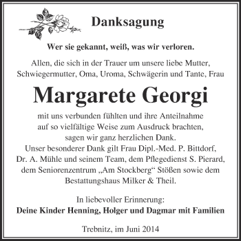 Traueranzeige von Margarete Georgi von WVG - Wochenspiegel NMB / WSF / ZTZ