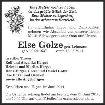Traueranzeige von Else Golze von Super Sonntag Aschersleben