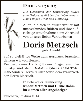 Traueranzeige von Doris Metzsch von Super Sonntag Zeitz