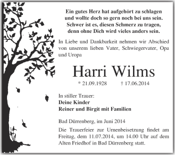 Traueranzeige von Harri Wilms von Super Sonntag Merseburg