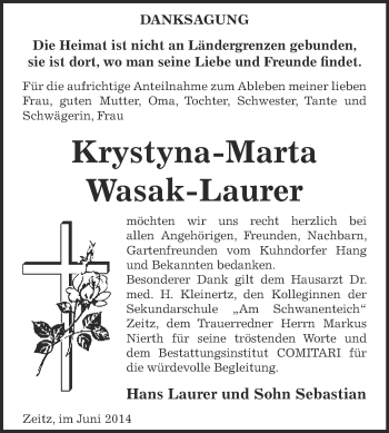 Traueranzeige von Krystyna-Marta Wasak-Laurer von Super Sonntag Zeitz