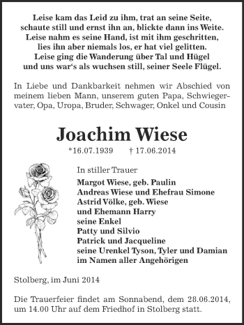 Traueranzeige von Joachim Wiese von Super Sonntag SGH Mansf. Land