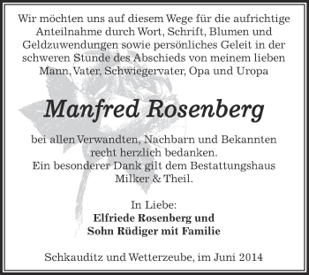 Traueranzeige von Manfred Rosenberg von Super Sonntag Zeitz