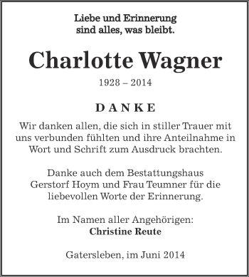 Traueranzeige von Charlotte Wagner von Super Sonntag Aschersleben
